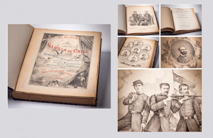 "El álbum de la gloria de Chile: homenaje al Ejercito i Armada de Chile en la memoria de sus más ilustres marinos i soldados muertos por la patria en la Guerra del Pacífico" de Benjamín Vicuña Mackenna, ilustraciones de Luis F. Rojas