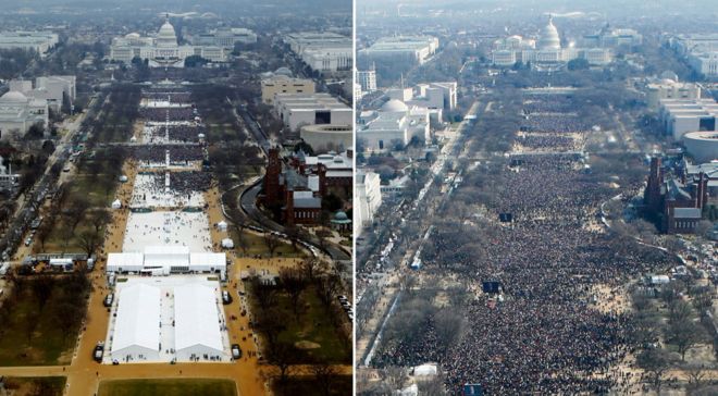 La posesión de Donald Trump (izq.) y la de Barack Obama 2009. La imagen fue tomada del famoso obelisco que está en el centro de Washington, en el momento en que ambos presidentes juraban en su cargo.