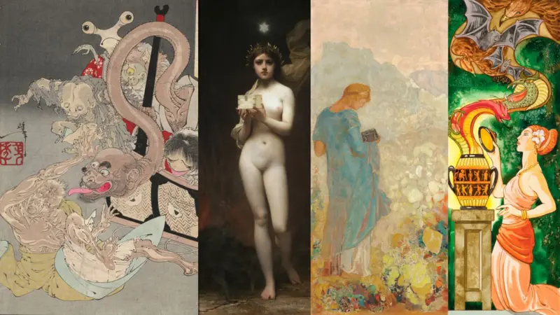 La curiosidad llevó a Pandora a abrir el recipiente; el mito ha inspirado a pintores y ceramistas, así como a escritores y dramaturgos. Aquí, interpretaciones del japonés Tsukioka Yoshitoshi y de los franceses Jules Joseph Lefebvre y Odilon Redon.