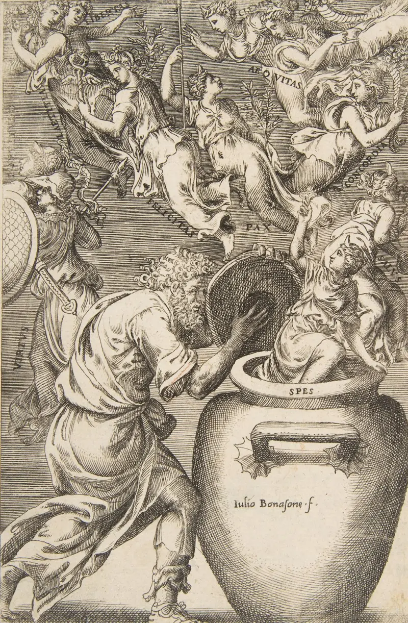 En el siglo XVI el dibujante y grabador Giulio Bonasone ilustró a Epimeteo abriendo la jarra.