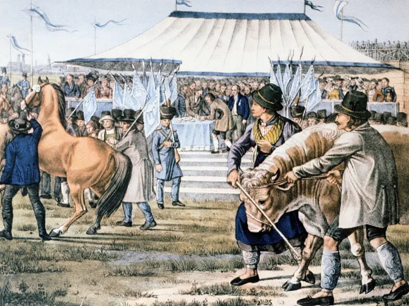 Presentación de caballos y ganado en la primera edición del Oktoberfest, una celebración muy distinta a la de hoy en día.