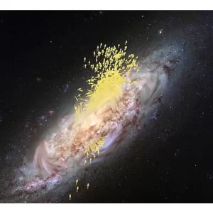 Las flechas representan estrellas que se mueven en forma diferente al resto y son denominadas "corrientes de Helmi". ESA (composición artística); Koppelman, Villalobos and Helmi (simulación); NASA/ESA/Hubble (imagen de la galaxia)