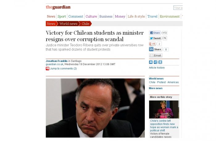 The Guardian da crédito a estudiantes chilenos por salida de ministro Ribera