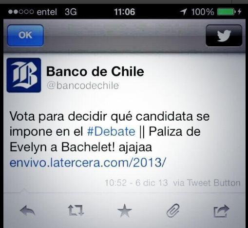 Banco de Chile tuitea a favor de Matthei durante el debate