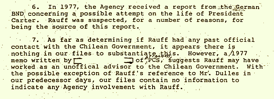 Extracto del Informe de la CIA en que se lo sindica como posible fuente del  BND y  como supuesto “asesor extraoficial” del gobierno de Pinochet.