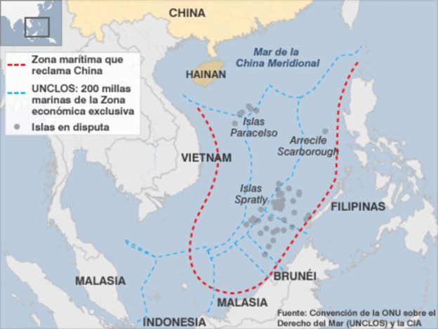 Mapa del mar de China Meridional que muestra las zonas en disputa. 