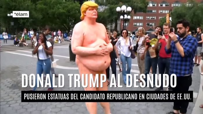[VIDEO] La estatua de Donald Trump desnudo que ridiculiza al magnate y candidato republicano a la Casa Blanca