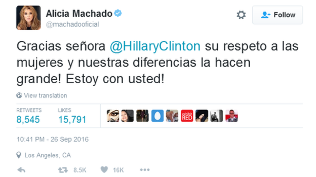 Alicia Machado agradeció a Clinton su referencia durante el debate. 