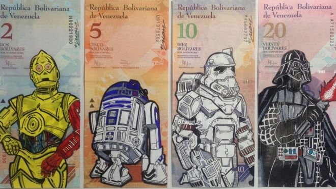[FOTOS] Los provocadores dibujos en los billetes que denuncian la devaluación del bolívar en Venezuela