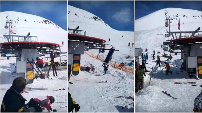 [VIDEO] Esquiadores son violentamente catapultados desde un andarivel tras falla mecánica en Georgia