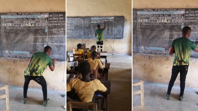 El profesor de Ghana que enseña informática en una pizarra y sin computadoras se convierte en un éxito viral