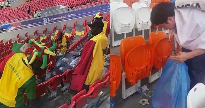 Hinchas japoneses y de Senegal limpian el estadio tras partido de su equipo