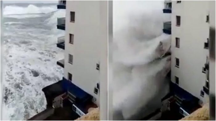 El impactante momento en que una ola destroza dos balcones en España