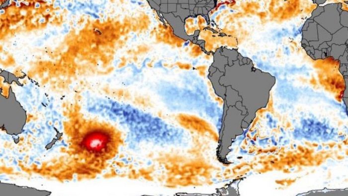La «mancha caliente»: la masa de agua cálida que apareció en el Pacífico cerca de Nueva Zelanda y se «mueve» a Sudamérica