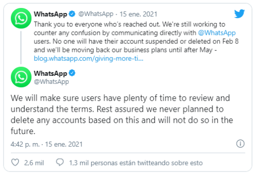 El comunicado de WhatsApp sobre las repercusiones de su anuncio.