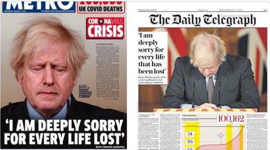 Las portadas de diarios ingleses con el mea culpa de Boris Johnson por las 100 mil muertes del Covid-19