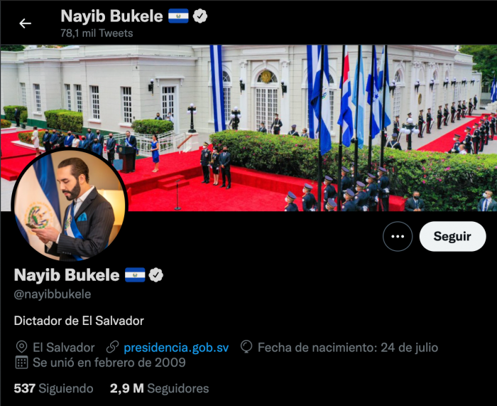 Nayib Bukele escribe en su biografía de Twitter «dictador de El Salvador»