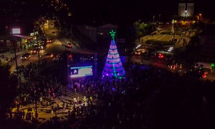 Municipalidad encendió árbol navideño construido con más de 6 mil botellas recicladas