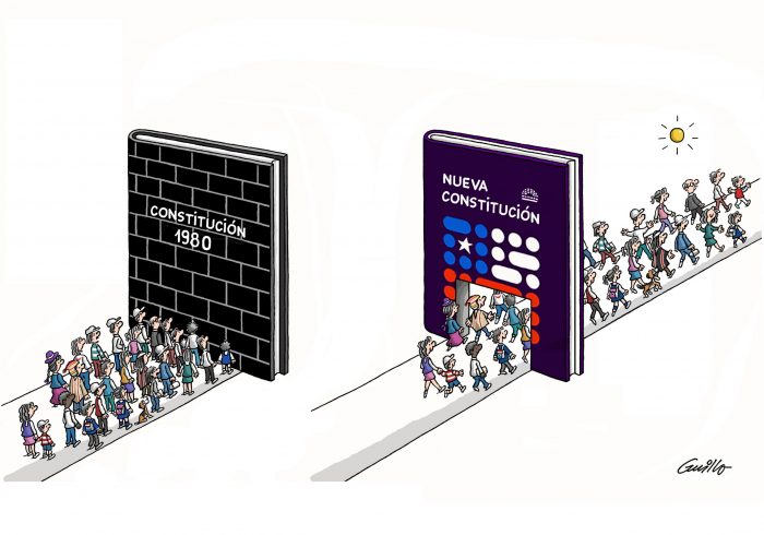 Nueva ilustración de Guillo: mientras la Constitución del 80 es un muro, la nueva Carta Magna es una puerta