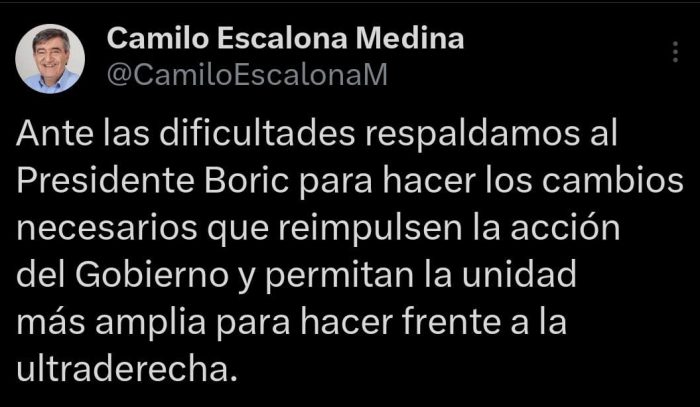 Camilo Escalona (PS) respalda a Presidente Boric para “hacer los cambios necesarios” en el gabinete