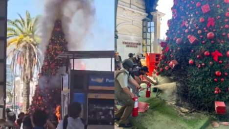 Estación Central: comercio ambulante se enfrenta a Carabineros y quema árbol de navidad